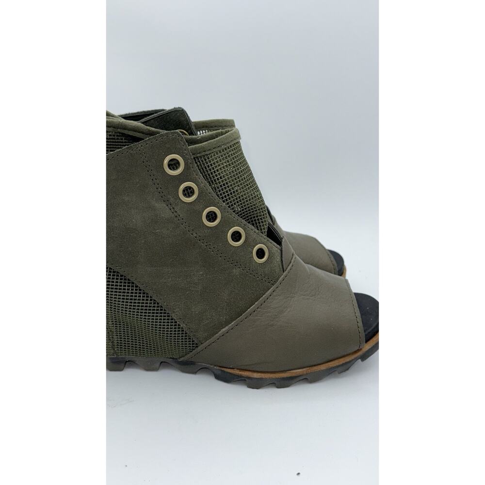 SOREL Women's Joanie Boot Wedge 10 Suede & Micro Mesh Bootie Green Peep Toe - Picture 2 of 11